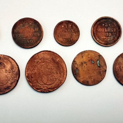 Russian collection of old coins used, 9 pieces (1764-1859)