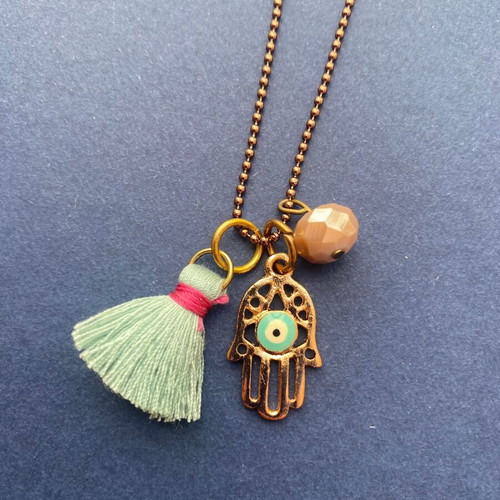 Hamsa Lucky Hand Long Necklace with Turquoise and Brown Steel Chain