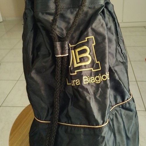Laura Biagiotti shoulder bag used, black satin with gold logo