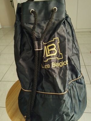 Laura Biagiotti shoulder bag used, black satin with gold logo