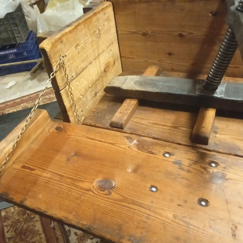 Wooden tobacco press with metal screw mechanism, rustic bar furniture