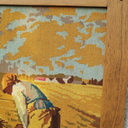 Hand-embroidered painting The Gleaners used with oak frame