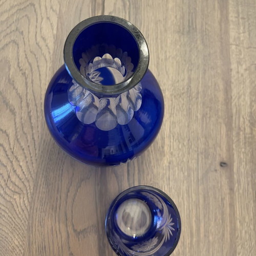 Antique carafe with glass like new, special blue color