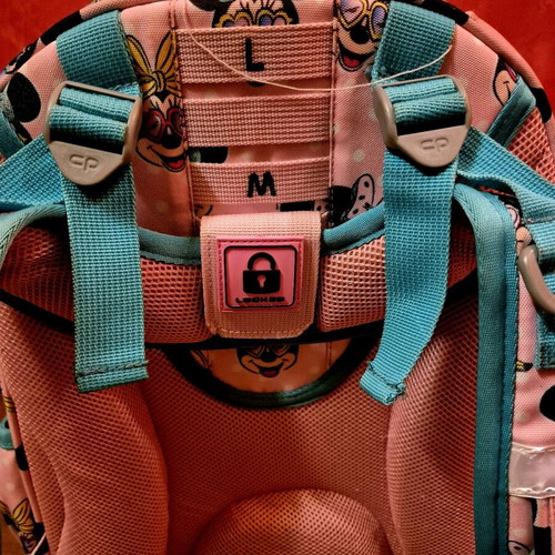 Disney ergonomic backpack used, pink with multiple compartments