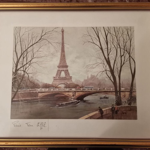 Engraving of Eiffel Tower used, framed with gold patina