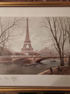 Engraving of Eiffel Tower used, framed with gold patina
