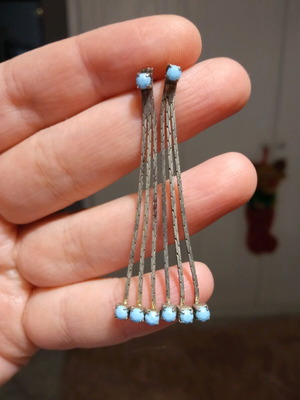 Silver dangly earrings with blue details like new
