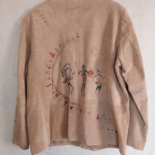 Women's suede leather jacket JAZZ like new with hand-painted African motifs, size XXL