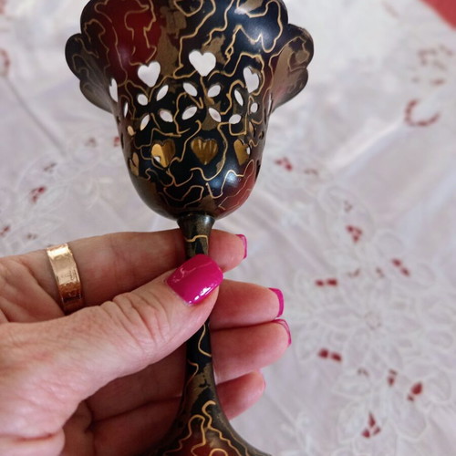 Vintage metal candlestick "Glass" with hearts and embossed motifs 14cm like new