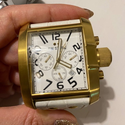 TW Steel White Dial Gold Tone Square Case 42mm Unisex Watch like new with leather strap