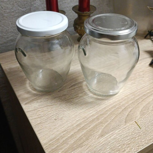Glass jars set of 12 like new, 300g amphora style with mixed lids