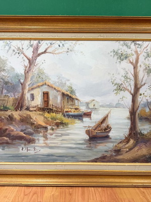 Έργο τέχνης Κ. Μανωλάτος μεταχειρισμένο, θέμα Χωριό σε κορνίζα