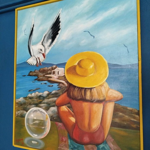 Painting "Yellow Hat" on canvas by Ch. Koiliaris like new, 2002