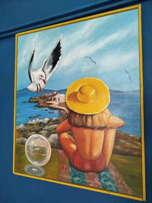 Painting "Yellow Hat" on canvas by Ch. Koiliaris like new, 2002