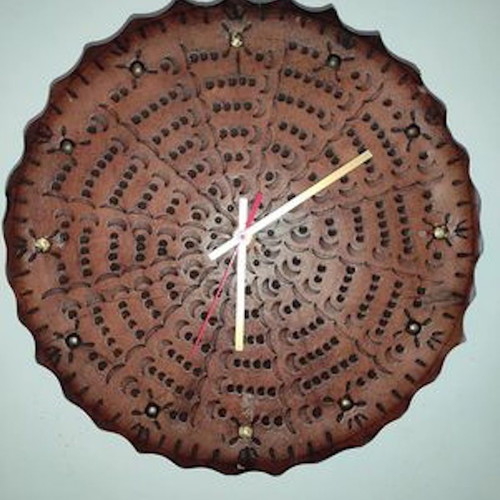 Leather wall clock used, analog, 30 cm diameter