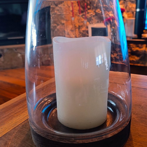 Decorative glass candle lantern with wooden base