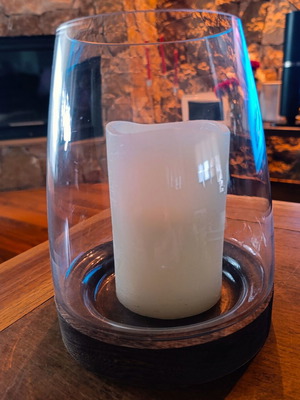 Decorative glass candle lantern with wooden base