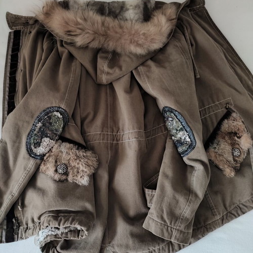 Rococo women's parka jacket khaki with natural fur and sequins