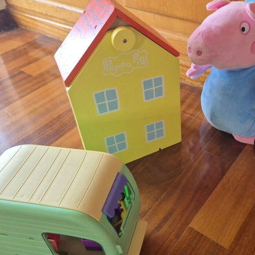 Peppa the Pig toys used with caravan, wooden house and George bag