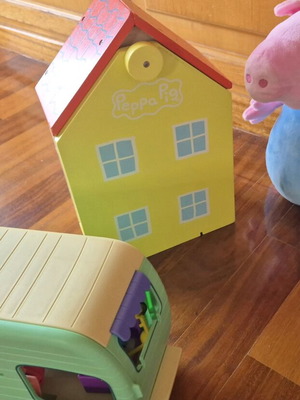 Peppa the Pig toys used with caravan, wooden house and George bag