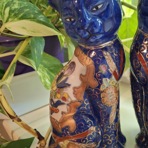 Decorative ceramic cats like new, hand-painted blue with gold ornaments