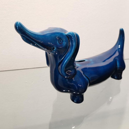 Italian faience piggy bank used, dog shape, 60s vintage