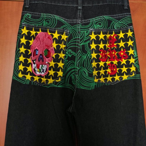 Baggy Jeans Y2K Streetwear with Skull & Stars Embroidery, new, black