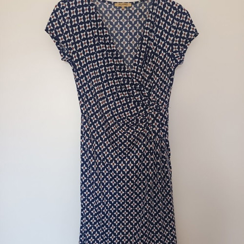 Navy Blue Geometric Print V-Neck Faux Wrap Dress like new