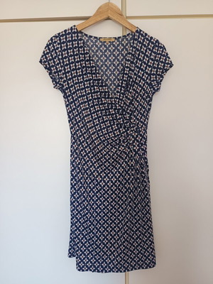 Navy Blue Geometric Print V-Neck Faux Wrap Dress like new
