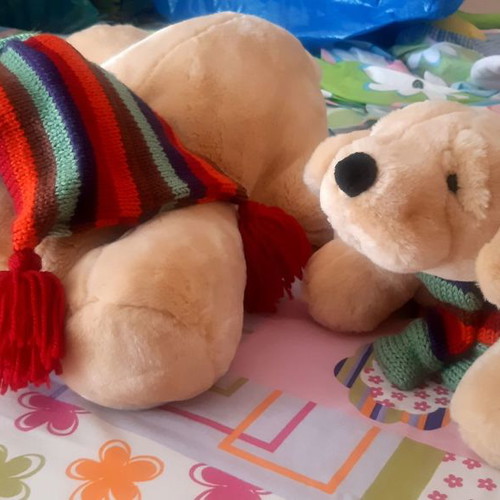 Plush dogs new, mom and puppy with knitted scarf
