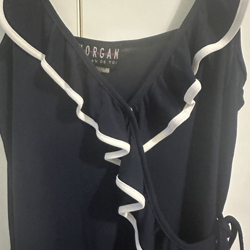 Morgan de Toi Navy Blue Wrap Midi Dress with Ruffle and Contrast Trim like new