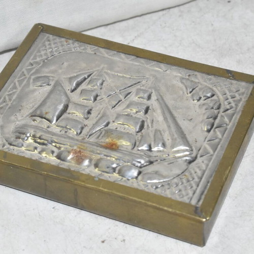 Vintage bronze box with embossed metal sailboat used, nautical decor