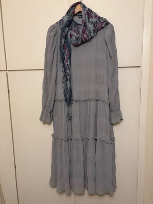 Pleated dress in dusty blue-grey color, size Large, like new