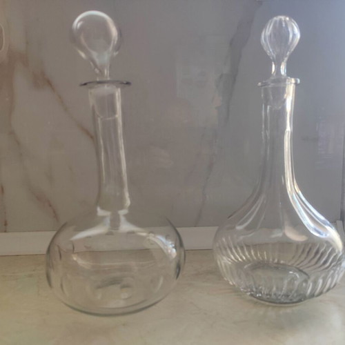 Antique Hand Blown Long Necked Sherry Decanters Pair used