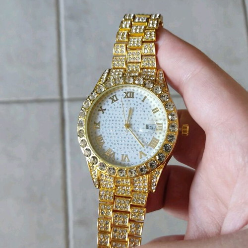 Men's watch new with calendar and sparkling stones, gold color