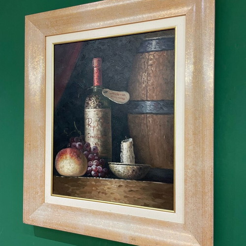 Oil painting used with wine bottle theme in frame