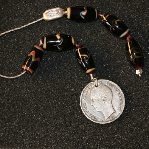 Begleri with 2 Drachma coin King George Murano crystals, silver, handmade