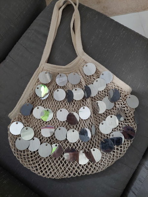 Net bag with silver sequins shoulder bag like new, beige and silver