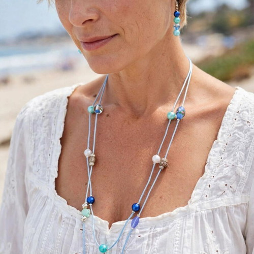 Multi Strand Beaded Necklace and Earrings Handmade Shades of Blue