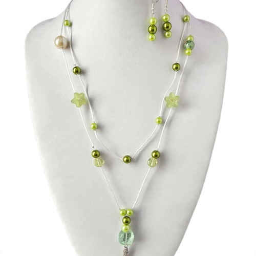 Green Multi Strand Beaded Necklace and Earrings New