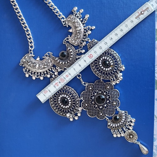 Boho Statement Necklace silver tone with black details new