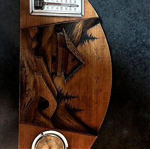 Ξύλινο σκαλιστό θερμόμετρο και βαρόμετρο vintage