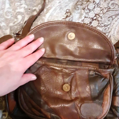 Leather shoulder bag used, beige and brown patchwork
