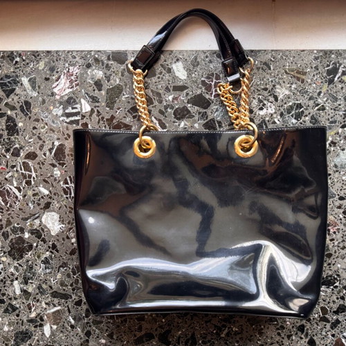 DKNY black PVC shoulder tote handbag with golden chain like new