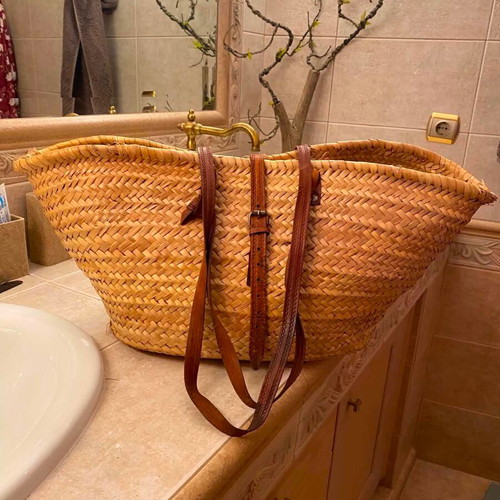 Straw bag large with leather handles used, beige