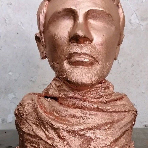 Handmade plaster sculpture with patina, figure with horns 25 cm