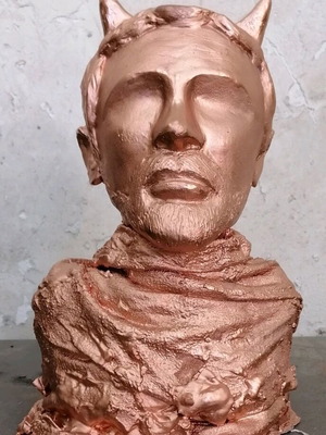 Handmade plaster sculpture with patina, figure with horns 25 cm