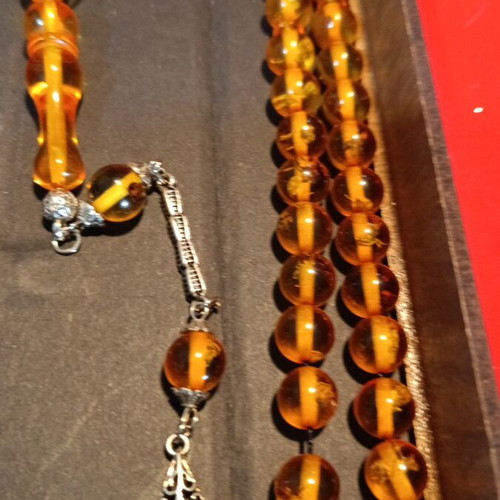 Worry beads handmade from bakelite with amber color and silver finish, new
