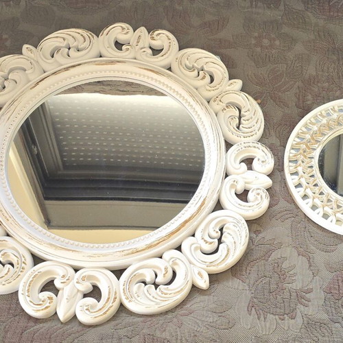 Set of 2 Wall Mirrors vintage shabby chic style white and gold