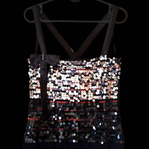 Enzzo Y2K vintage black and silver sequin top with straps